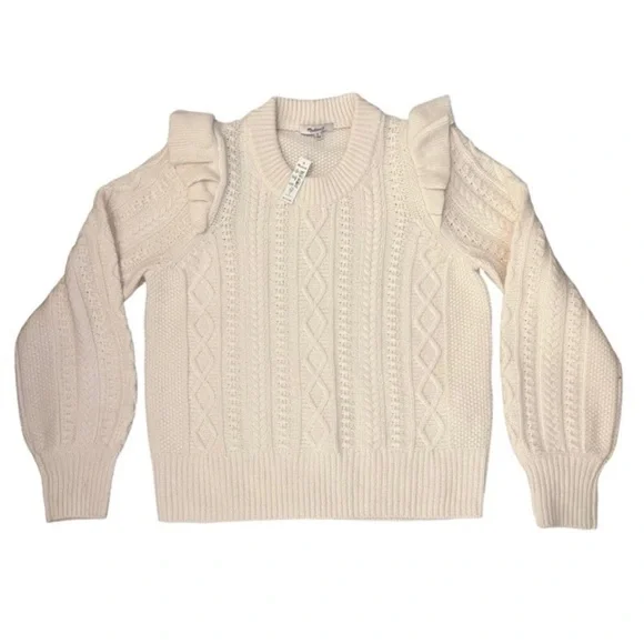 Madewell Hollydene Ruffle Shoulder Merino Wool Pullover Sweater in Antique Cream - Picture 2 of 15